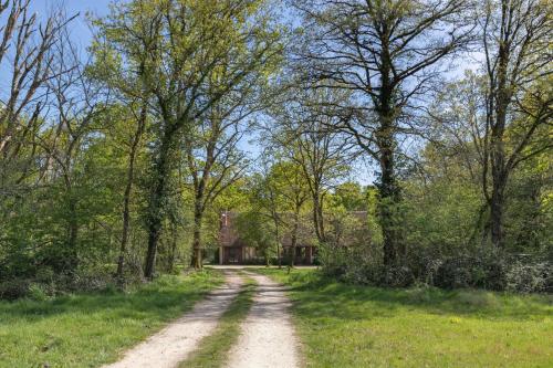 un chemin de terre devant une maison arborée dans l'établissement Domaine les Muids - Piscine et forêt privés proche de Paris, à Brinon-sur-Sauldre