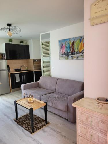 a living room with a couch and a table at Tahiti Beach, T2 à la mer, piscine, terrasse et parking in Frontignan
