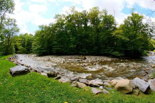 a river with rocks in the grass and trees at Northern Lights Lodge in Stowe
