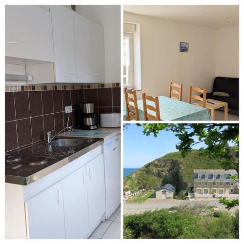 une cuisine avec des armoires blanches et une vue sur l'océan dans l'établissement Appart les Mouettes-face à la mer et au sentier des douaniers, à Planguenoual