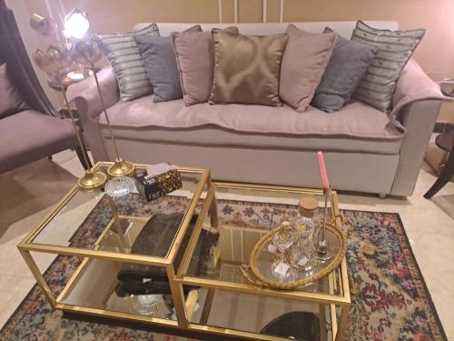 sala de estar con sofá y mesa de cristal en Sabs Residences en Islamabad