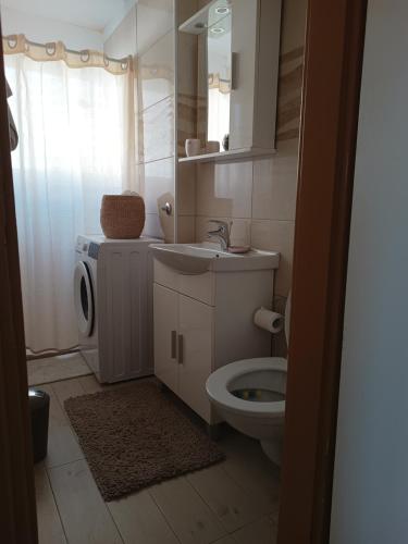 bagno con servizi igienici, lavandino e specchio di Apartment Luka a Fažana