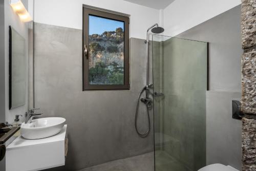 a bathroom with a glass shower and a sink at Kokinogremos Villa in Kalithies