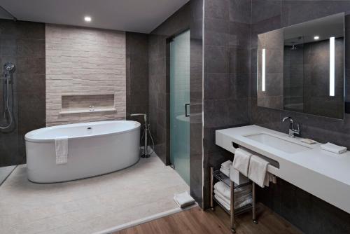 a bathroom with a tub and a sink and a mirror at AC Hotel by Marriott San Jose Escazu in San José