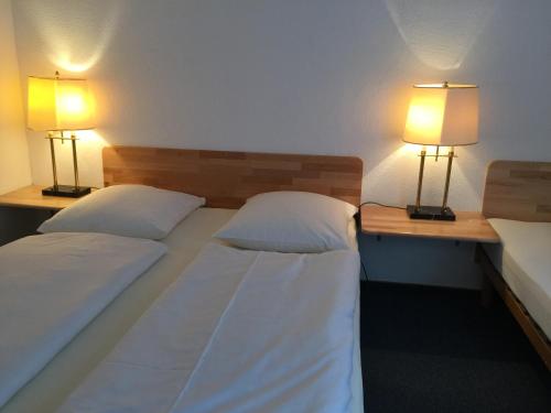 two beds in a room with two lamps on them at Wolterdinger Hof in Soltau