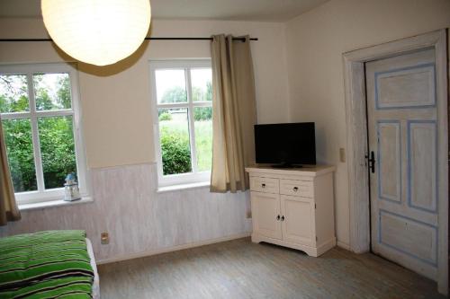 1 dormitorio con 1 cama, TV y ventanas en Ferienhaus mit Terrasse und Kamin, en Karnin