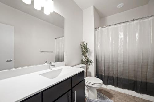 een badkamer met een wastafel, een toilet en een douche bij Riverside Plaza Blue in Milwaukee