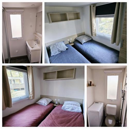 - trois photos d'une chambre avec deux lits et un lavabo dans l'établissement Mhstbrevin109, à Saint-Brévin-les-Pins