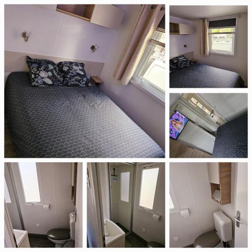 un collage de quatre photos d'une petite chambre dans l'établissement Mhstbrevin109, à Saint-Brévin-les-Pins
