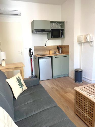 un salon avec un canapé et une cuisine dans l'établissement cosy studio au coeur du Mourillon, à Toulon