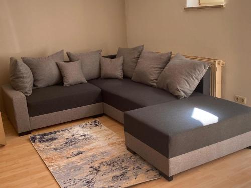 a living room with a couch and a ottoman at Studio-Ferienhaus mit Gartenumzäunung für Hunde in Zandt