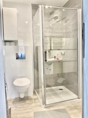 a bathroom with a shower and a toilet at Apartamenty u Lucyny i Lecha in Łukęcin