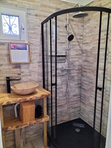 La salle de bains est pourvue d'une cabine de douche en verre. dans l'établissement Gîte les Romarins, à Montagnac