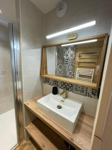 une salle de bain avec un lavabo et un miroir dans l'établissement Le Lis, à Châtel