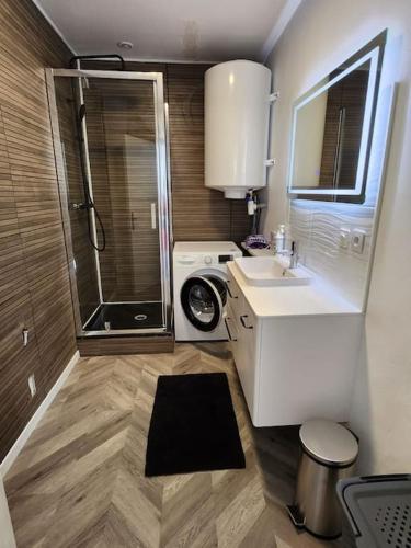une petite salle de bain avec un lavabo et une douche dans l'établissement LE PECHE MIGNON - Appart 2 - locationlatamarissiere, à Agde