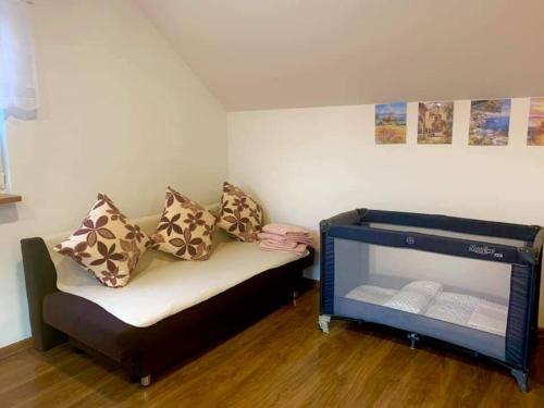 a couch with pillows and a flat screen tv at Mazurski dom Brejdyny Sauna i Bania in Mrągowo