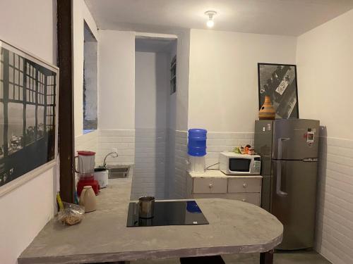 a kitchen with a table and a refrigerator at Apartment in IPANEMA in Rio de Janeiro