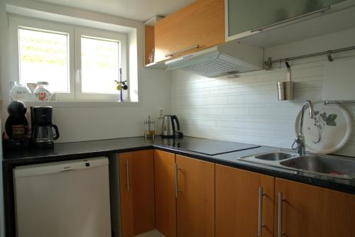 a kitchen with a sink and a counter top at Spacious apartment in Sarpsborg