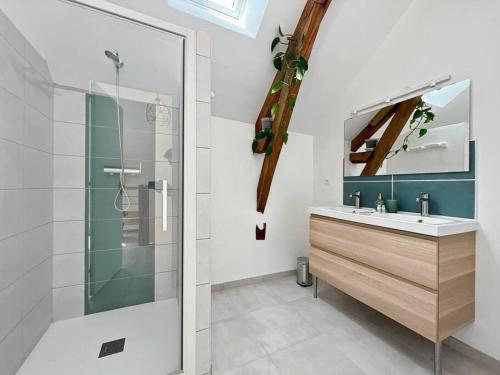 een badkamer met een wastafel en een glazen douche bij La Villa Coudray - Au Calme - Spacieuse in Chavagne
