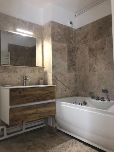 a bathroom with a tub and a sink and a bath tub at Appartement cœur de ville décoré en pierre naturelle in Chinon
