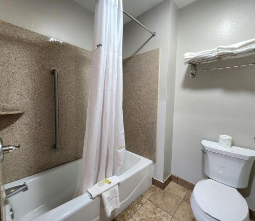 a bathroom with a toilet and a shower curtain at Days Inn by Wyndham Baton Rouge I-10 in Baton Rouge