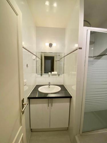 une salle de bain blanche avec un lavabo et un miroir dans l'établissement Maisons Alfort - Cosy appartement, à Maisons-Alfort