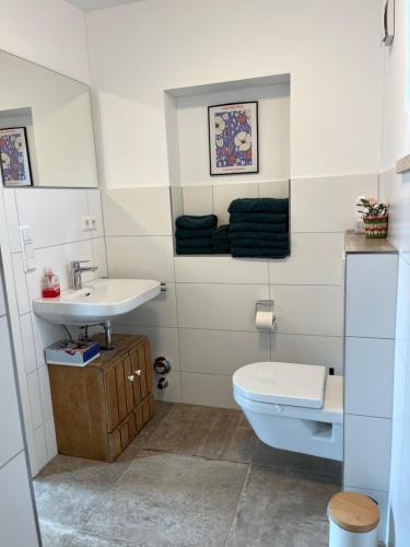 a bathroom with a toilet and a sink at Ferienwohnung am Nordpfad Zevener Geest in Zeven