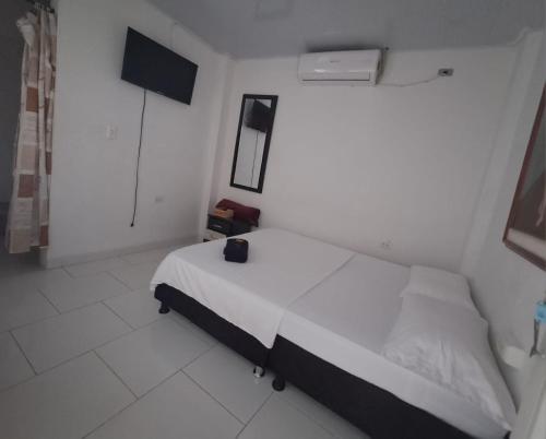 1 dormitorio con 1 cama grande en una habitación blanca en HOSTAL LOS CAMINANTES, en Villavieja