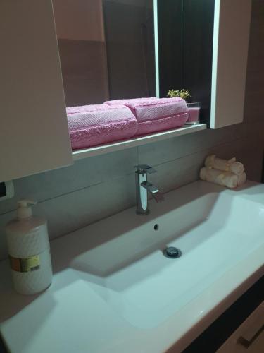 ティラナにあるSilver Apartments Delijorgjiのバスルーム(鏡付き洗面台、ピンクのタオル付)