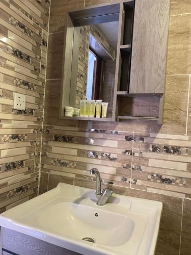 a bathroom with a sink and a mirror at Desert Elegance Luxury Bedouin Camp Panoramic View in Disah