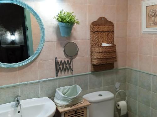 a bathroom with a sink and a mirror and a toilet at Casa Rural Montepinar in El Bosque