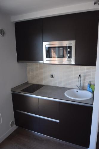 a kitchen with a sink and a microwave at Apartament Sant Jordi in Sant Joan de Vilatorrada