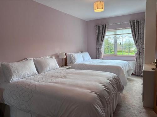 1 dormitorio con 2 camas y ventana en The Lodge Self Catering en Castlerea