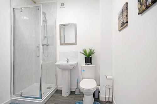a bathroom with a shower and a toilet and a sink at Home In Woodhouse, Leeds in Leeds
