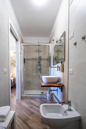 a bathroom with a shower and a white sink at Le Querce Farmhouse in Agropoli