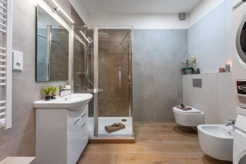 a bathroom with a shower and a sink and a toilet at New flat, Jachymov (Klinovec resort) in Karlovy Vary