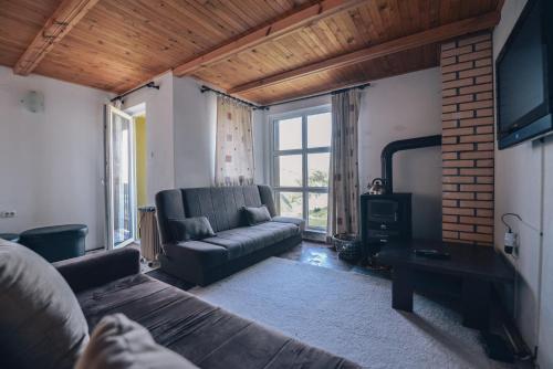 ein Wohnzimmer mit Sofa und Fernseher in der Unterkunft Relaxing holiday house in Sarajevo