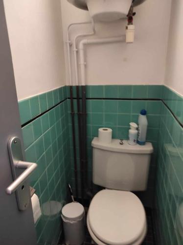 La salle de bains est pourvue de toilettes et d'un mur carrelé vert. dans l'établissement Chez Nissa, à Banyuls-sur-Mer