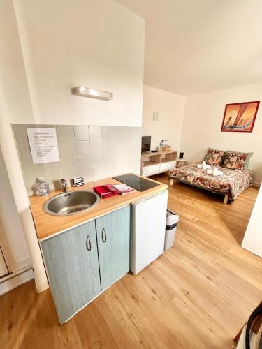 une cuisine avec un évier et un salon dans l'établissement LE PTIT STEIR - CALME - WIFI - CENTRE VILLE - ENTREE AUTONOME, à Quimper