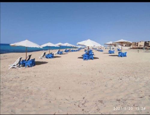 a group of chairs and umbrellas on a beach at شاليه للايجار بالساحل الشمالى in Marsa Matruh