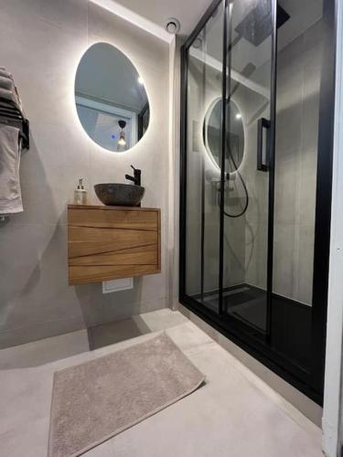 une salle de bain avec un lavabo et une douche avec un miroir dans l'établissement Little house (near Paris & Airport), à Drancy