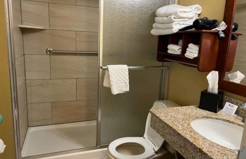 uma casa de banho com um chuveiro, um WC e um lavatório. em Best Western Plus Georgetown Corporate Center Hotel em Georgetown