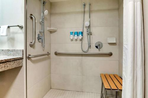 uma cabina de duche ao nível do chão com um banco na casa de banho em Drury Inn & Suites Marion em Marion