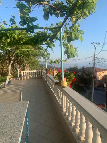 a balcony with a white railing and flowers at Villa Bianca1 in Piqeras