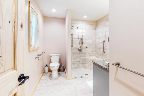 a bathroom with a toilet and a walk in shower at Rocky Top Jewel Cabin in Park Settlement