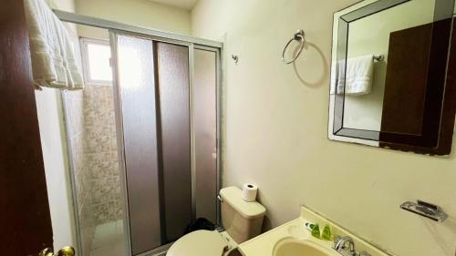 a bathroom with a shower and a toilet and a sink at Nova Departamentos in Cadereyta Jiménez