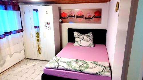 a small room with a pink bed with a cat pillow at Ferienwohnung in Friedberg Hessen für max. 3 Personen in Friedberg