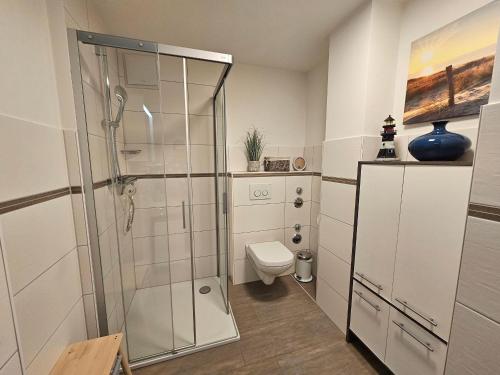 a bathroom with a shower and a toilet at Wellenbreker-H in Hohwacht