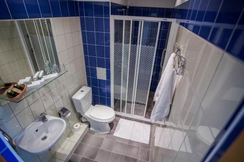 a blue and white bathroom with a toilet and a sink at Sports Hotel in Valmiera