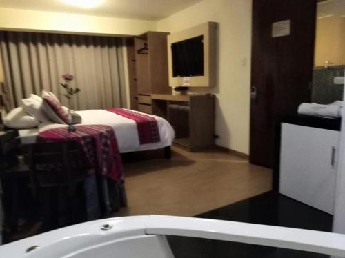 Habitación de hotel con cama y bañera en LOS ARCES HOTEL, en Lima